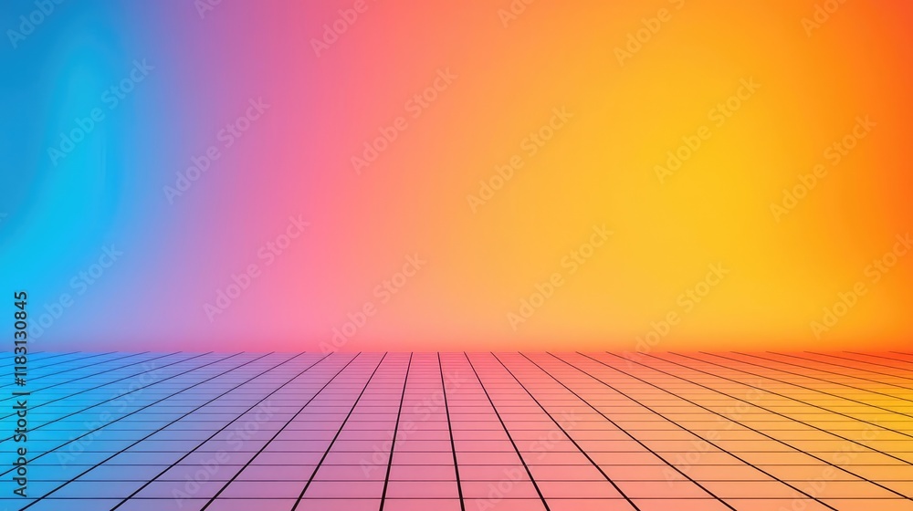 Poster Matrix abstract background idea. Vibrant gradient background with colorful hues and a grid floor for creative designs.