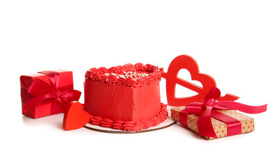 Sweet bento cake with gift boxes and decorative hearts on white background. Valentine's Day...