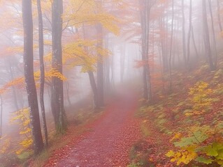 Obraz premium Harmonic autumn scenery in a colorful beech forest, with a footpath and a beam of soft light in tranquil misty atmosphere - ai