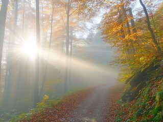 Obraz premium Harmonic autumn scenery in a colorful beech forest, with a footpath and a beam of soft light in tranquil misty atmosphere - ai
