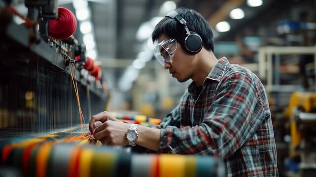 Textile worker operating a weaving machine, threading colorful yarns with precision in a factory. Wearing protective goggles headphones, highlighting textile production. Video made using Generative AI
