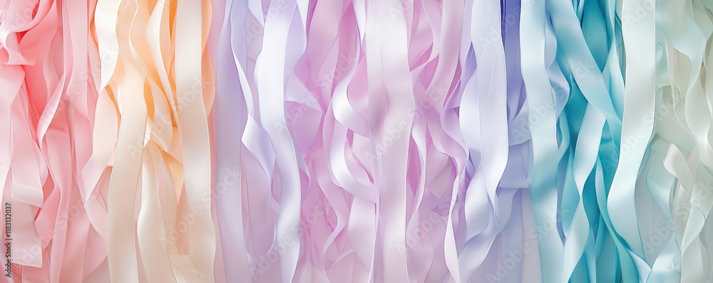 Poster a vibrant display of flowing ribbon strands in soft pastel colors, creating a textured and visually 