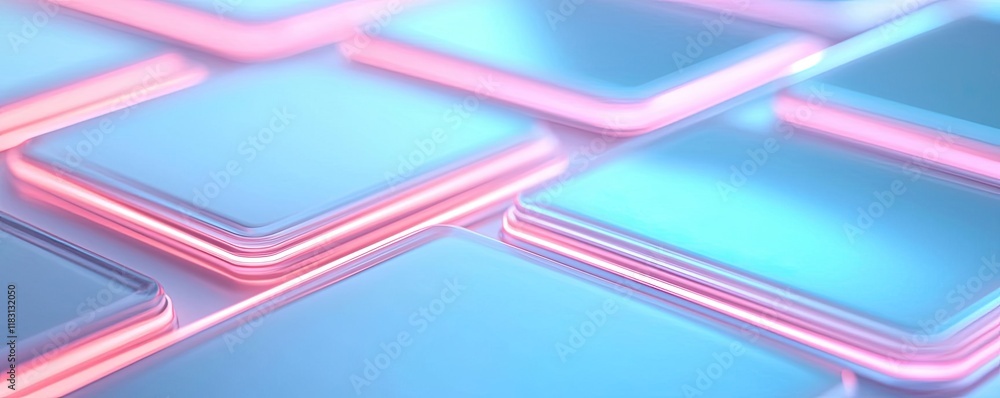 Poster Matrix abstract background idea. Futuristic glowing squares creating a vibrant digital background in soft blue and pink hues.