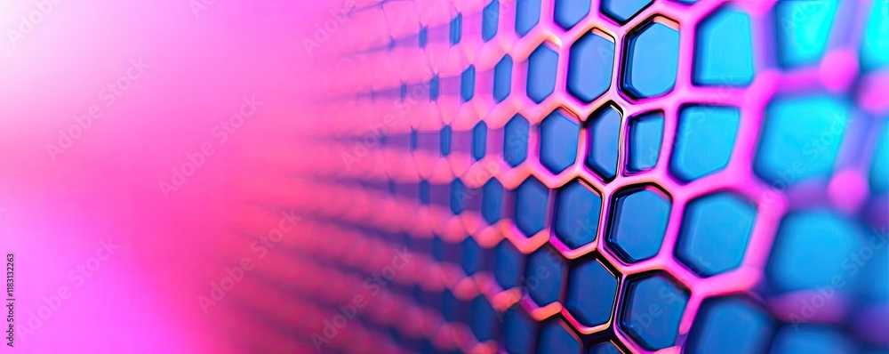 Poster Matrix abstract background idea. Abstract close-up of hexagonal pattern with vibrant pink and blue lighting effects.