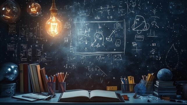 Inspiring Study Environment with Open Book, Astronomy Elements, and Complex Mathematical Equations on a Dark Background for Academic and Educational Themes - Powered by Adobe