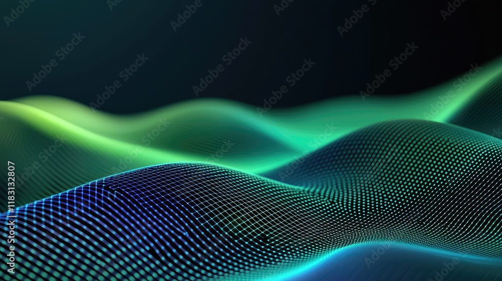 Poster Matrix abstract background idea. Abstract digital waves in vibrant green and blue colors, creating a dynamic visual effect.