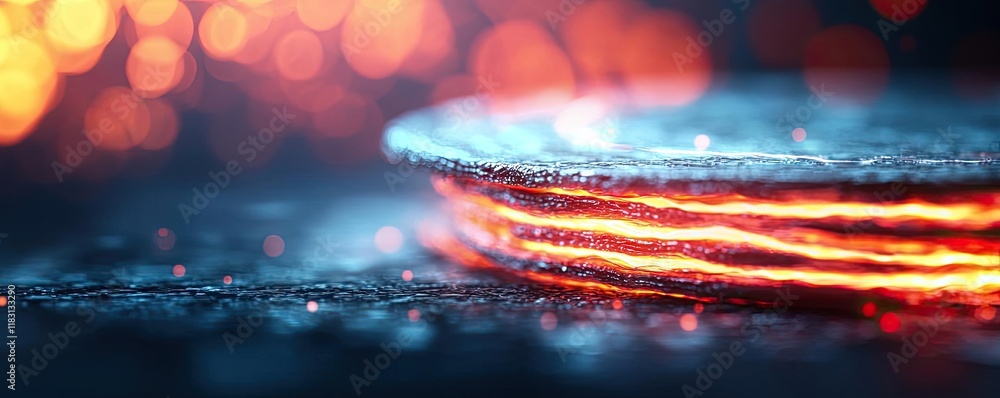 Poster layer abstract background concept. close-up of metallic disc with glowing edges, showcasing industri