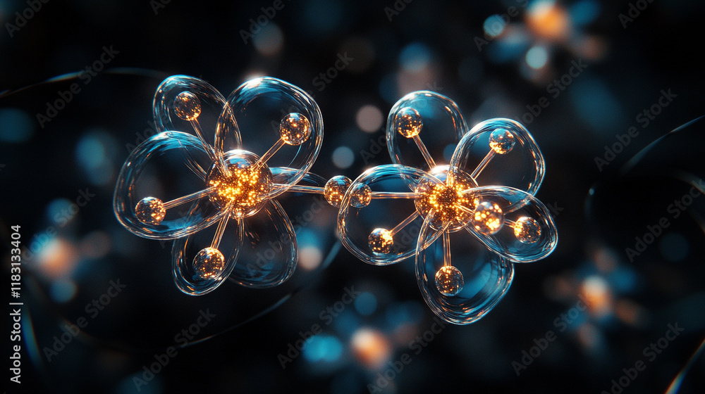 Poster abstract representation of molecular structures in a dark background with glowing details