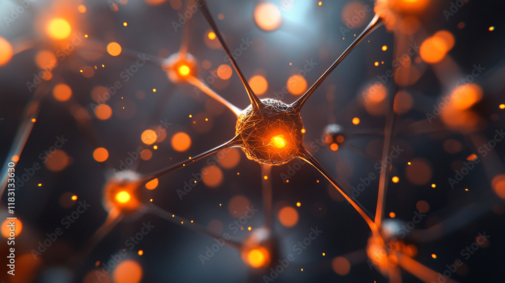 Poster complex network of glowing neurons in an abstract scientific visualization