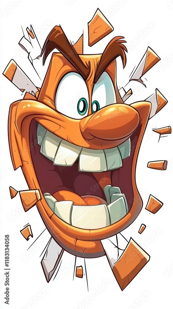 Poster animated character breaking through wall cartoon style eager expression playful environment close-up