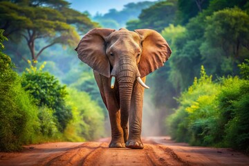 Majestic African Elephant on Dirt Road, Lush Green Forest Bokeh