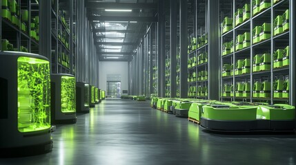 Obraz premium Green-Powered AI Robots at a Future-Ready Logistics Center: Optimizing Energy Use in a Sustainable Warehouse Concept