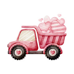 Valentine s Day Watercolor Vector with Pink Dump Truck Car and Hearts Vintage style on White Background design