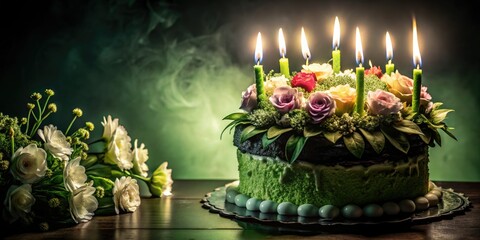 AI-generated image: a dark, shadowy cake, candles flickering, floral details.