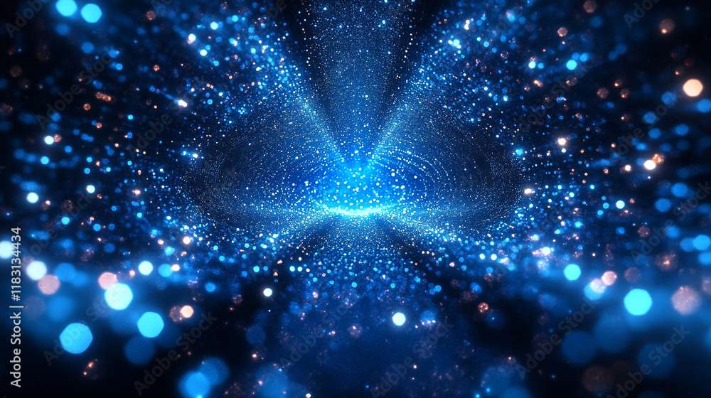 Poster sparkling blue particles create a mesmerizing illusion of depth in a dark environment