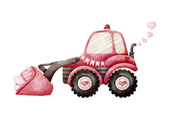 Fototapeta premium Valentine s Day Watercolor Vector with Pink Wheel Loader Vehicle and Hearts Vintage style on White Background design