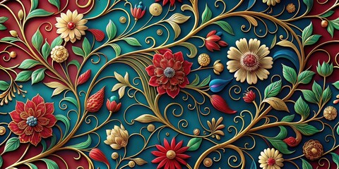 Ornate gold filigree entwined with vibrant, textured flowers and leaves on a deep teal background