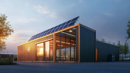 Obraz premium Sustainable Modular Warehouse: Shipping Container Construction with Solar Power Integration for Eco-Innovation