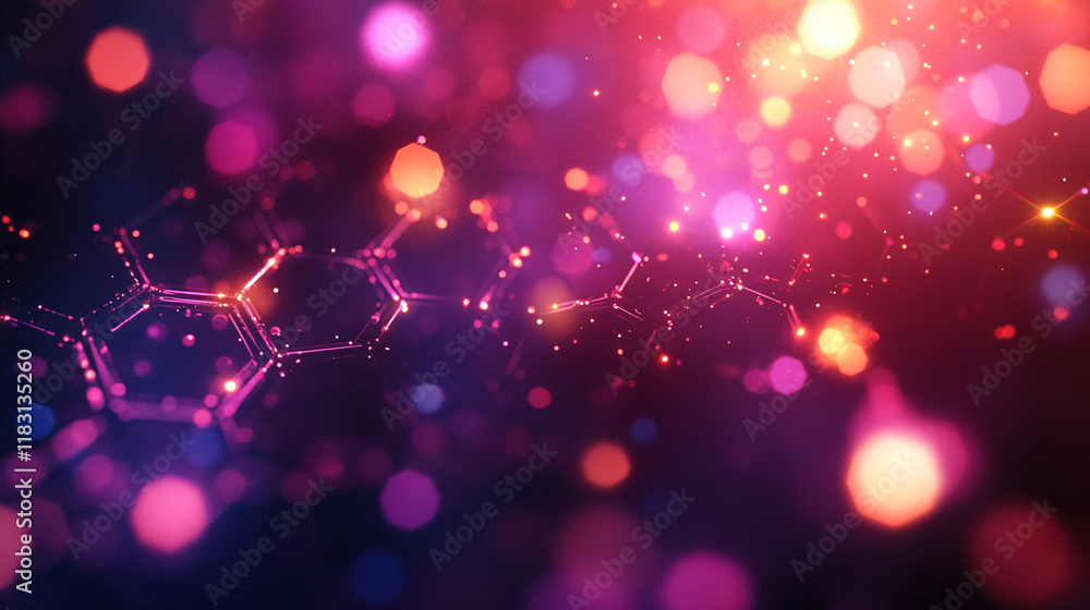 Poster colorful abstract representation of molecular structures with glowing lights in dark background