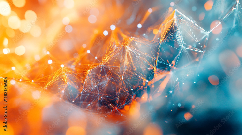 Poster colorful abstract network design with glowing particles and dynamic shapes in vibrant hues