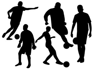 Football player run kick practice silhouettes. Soccer match ball silhouette. Football match game dribbling passing. Set of people soccer silhouette vector illustration.Silhouette soccer sport person. 