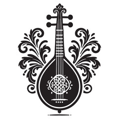 Lute Silhouette Vector Illustration, Solid White Background.