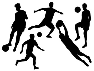 Set of people soccer silhouette vector illustration. Silhouette soccer sport person. Football player run practice silhouettes. Soccer match ball silhouette. Football match game dribbling passing. 