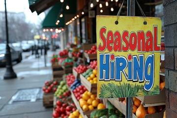 A colorful Seasonal Hiring banner is posted outside a hardware store. The sign encourages