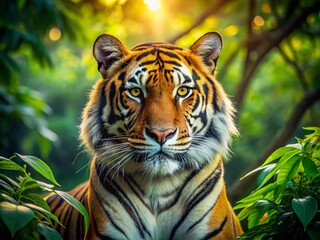 Fototapeta premium Majestic Bengal Tiger in Lush Jungle, Rule of Thirds Composition