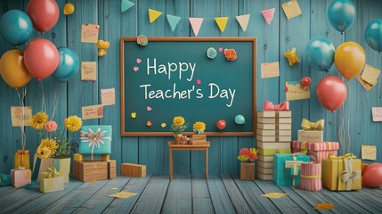 Cheerful Classroom Decor Featuring Happy Teacher's Day Celebration with Colorful Balloons, Flowers, Gifts, and Festive Decorations on a Blue Wooden Background