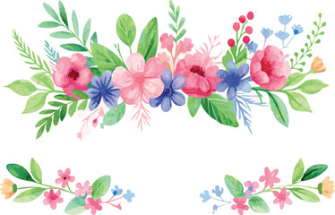 Watercolor Floral Border with Pink and Blue Flowers