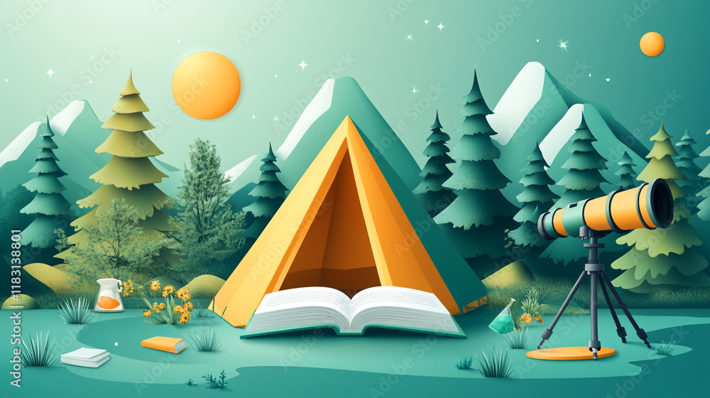 Poster exploring nature while camping with a telescope and an open book in a serene forest setting