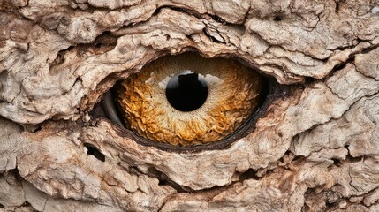 Obraz premium Close-up of Common Barn Owl Eye in Natural Bark Setting