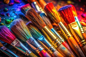 Obraz premium Close-up macro photography reveals the artistry of paintbrushes and paints, a vibrant world of creative tools.