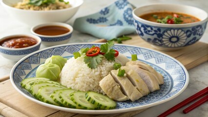 Traditional Hainanese Chicken Rice Platter with Accompaniments