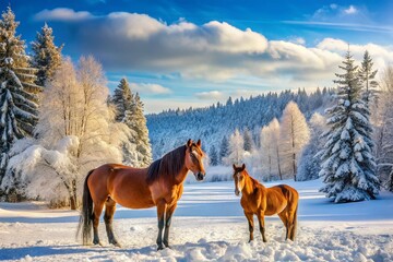 Majestic Brown Horses in Snowy Winter Meadow Landscape