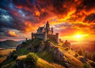 Obraz premium Majestic Castle Silhouette at Sunset, Dramatic Fantasy Landscape