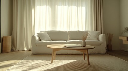 Serene Minimalist Living Room: Sunlit Elegance and Tranquil Design