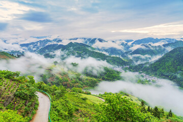 Naklejka premium Shooting Beautiful Villages in High Mountain Canyon of Anhui Province, China from the Sky On April 22, 2024
