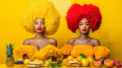 Vibrant fruit and fashion fusion studio setting portrait photography bold colors creative concept