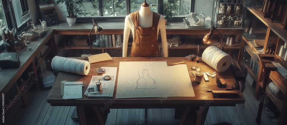 Poster a tailor's workshop with a design sketch on the table, surrounded by tools and materials.