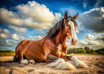 Majestic Clydesdale Horse Relaxing in Sandy Pasture - Surreal Photography