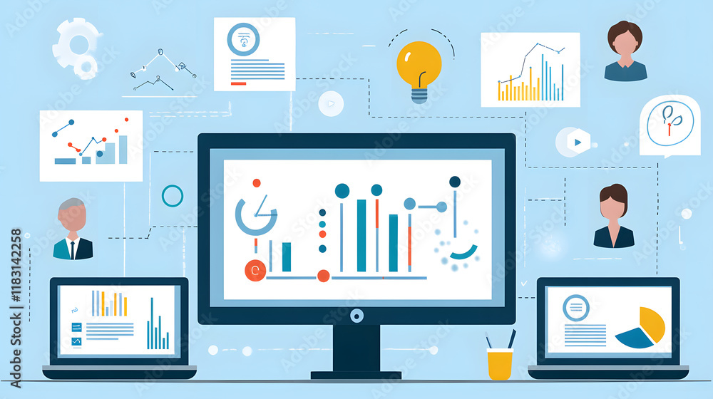 Poster modern workspace with desktop and laptops displaying various charts and graphs. illustrates data ana