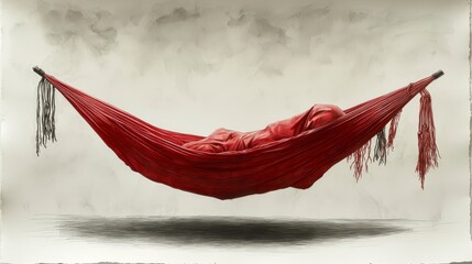 Red hammock with person sleeping inside, against a light grey background.