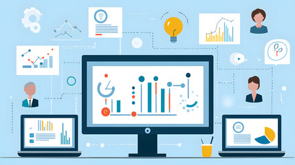 Modern workspace with desktop and laptops displaying various charts and graphs.  Illustrates data analysis, business intelligence, and teamwork.  Clean, minimalist design.