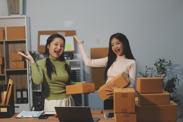 Startup SME small business entrepreneur of freelance Asian woman wearing apron using laptop and box...