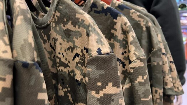 Digital pixel camouflage military t-shirts hanging in tactical gear store, close up of modern army uniform pattern