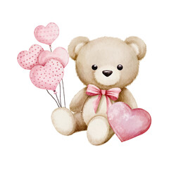 Valentine s Day Watercolor Vector with Teddy Bear Holding Hearts Balloon Vintage style on White Background design
