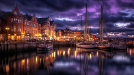Naklejka premium Twilight Harbor Coastal Town at Dusk with Sailboats