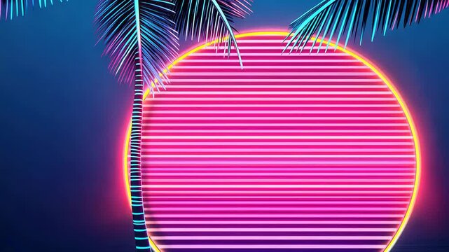 A vibrant, neon sunset scene featuring palm trees and glowing colors